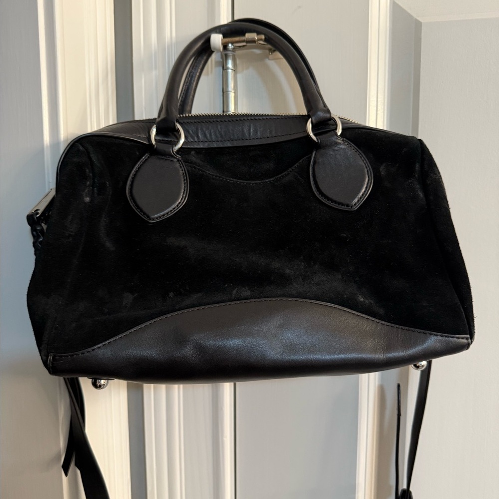 Black Crossbody Bag with Leather Trim and Structured Design